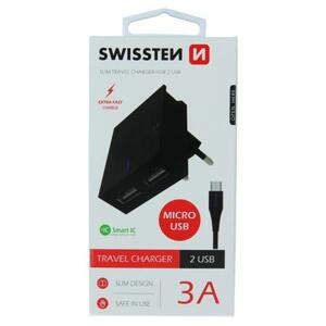 Swissten síťový adaptér smart IC 2X USB 3A power + datový kabel USB / Micro USB 1,2 M, černý; 22042000