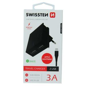 Swissten síťový adaptér smart IC 2X USB 3A power + datový kabel USB / Lightning 1,2 M, černý; 22048000