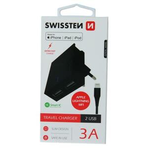 Swissten síťový adaptér smart IC 2X USB 3A power + datový kabel USB / Lightning Mfi 1,2 M, černý; 22046000