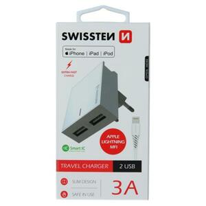 Swissten síťový adaptér smart IC 2X USB 3A power + datový kabel USB / Lightning Mfi 1,2 M, bílý; 22045000
