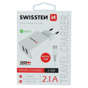 Swissten síťový adaptér smart IC 2X USB 2,1A power + datový kabel USB / Micro USB 1,2 M, bílý; 22051000