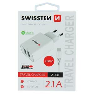 Swissten síťový adaptér smart IC 2X USB 2,1A power + datový kabel USB / Type C 1,2 M, bílý; 22053000
