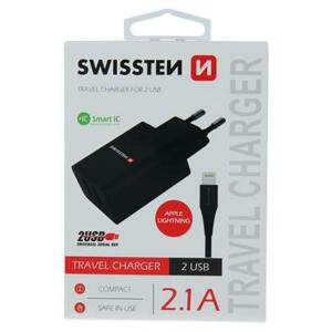 Swissten síťový adaptér smart IC 2X USB 2,1A power + datový kabel USB / Lightning 1,2 M, černý; 22058000