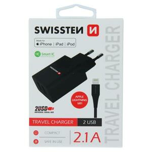 Swissten síťový adaptér smart IC 2X USB 2,1A power + datový kabel USB / Lightning Mfi 1,2 M, černý; 22056000