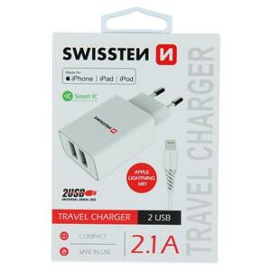 Swissten síťový adaptér smart IC 2X USB 2,1A power + datový kabel USB / Lightning Mfi 1,2 M, bílý; 22055000