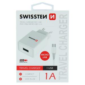 Swissten síťový adaptér smart IC 1X USB 1A power + datový kabel USB / Micro USB 1,2 M, bílý; 22061000