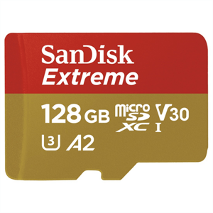 SanDisk Extreme microSDXC 128 GB pro akční kamery + SD Adapter 170MB/s and 80MB/s, A2 C10 V30 UHS-I U3; SDSQXAA-128G-GN6AA