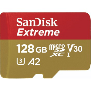 SanDisk Extreme microSDXC 128 GB + SD Adapter 190 MB/s and 90 MB/s A2 C10 V30 UHS-I U3; SDSQXAA-128G-GN6MA