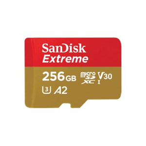 SanDisk Extreme microSDXC 256 GB + SD Adapter 190 MB/s and 130 MB/s Read/Write A2 C10 V30 UHS-I U3; SDSQXAV-256G-GN6MA