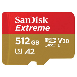SanDisk Extreme microSDXC 512 GB + SD Adapter 190 MB/s and 130 MB/s  A2 C10 V30 UHS-I U3; SDSQXAV-512G-GN6MA