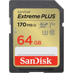 SanDisk Extreme PLUS 64 GB SDXC Memory Card 170 MB/s and 80 MB/s, UHS-I, Class 10, U3, V30; SDSDXW2-064G-GNCIN