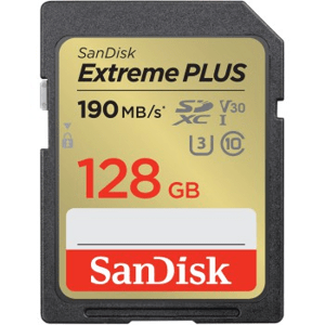 SanDisk Extreme PLUS 128 GB SDXC Memory Card 190 MB/s and 90 MB/s, UHS-I, Class 10, U3, V30; SDSDXWA-128G-GNCIN