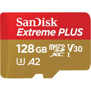SanDisk Extreme PLUS microSDXC 128 GB + SD Adapter 200 MB/s and 90 MB/s A2 C10 V30 UHS-I U3; SDSQXBD-128G-GN6MA