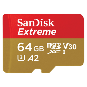 SanDisk Extreme microSDXC 64 GB pro akční kamery + SD Adapter 170 MB/s and 80MB/s, A2 C10 V30 UHS-I U3; SDSQXAH-064G-GN6AA