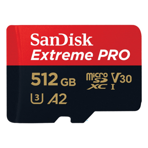 SanDisk Extreme PRO microSDXC 512 GB + SD Adapter 200 MB/s and 140 MB/s A2 C10 V30 UHS-I U3; SDSQXCD-512G-GN6MA