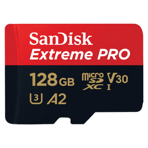 SanDisk Extreme PRO microSDXC 128 GB + SD Adapter 200 MB/s and 90 MB/s  A2 C10 V30 UHS-I U3; SDSQXCD-128G-GN6MA